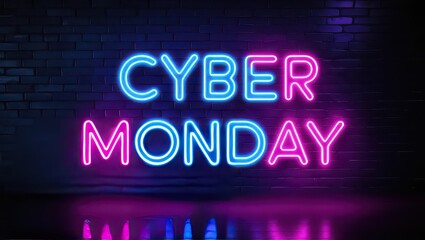 Neon cyber monday sign glowing in blue and pink on a dark brick wall with reflections on the floor