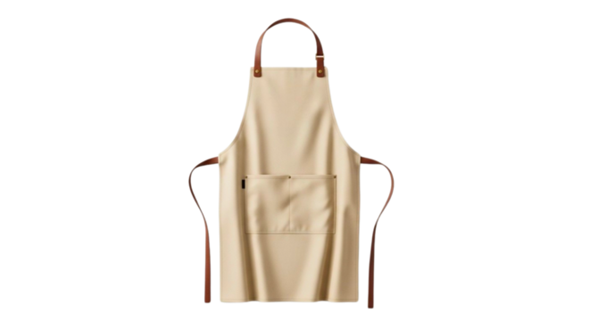 Stylish beige apron with leather straps, perfect for cooking, baking, and culinary experiences