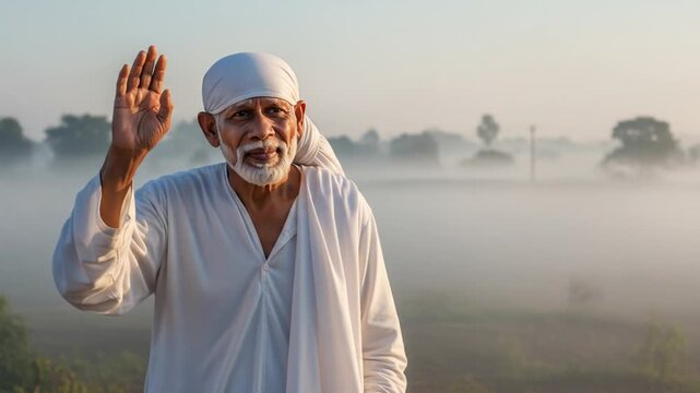 Portrait of Sai Baba with raised hand blessing in misty, natural morning light serenity and divine