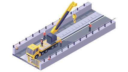Isometric view of a crane truck on a bridge with workers and safety barriers in a construction zone