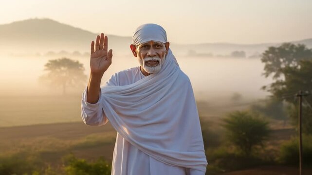 Shirdi Sai Baba's serene gesture amidst a foggy golden landscape, cultural reverence and scenic