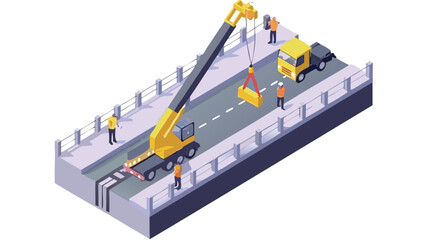 Isometric view of a crane lifting a load on a bridge with workers and a truck present at the scene