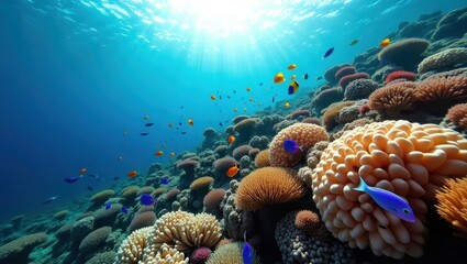 Obraz premium Vibrant coral reef teeming with colorful fish.