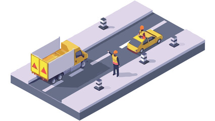 Isometric view of a road with a truck a car and construction workers directing traffic on a highway