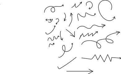 Collection of hand drawn arrows and swirls on white background