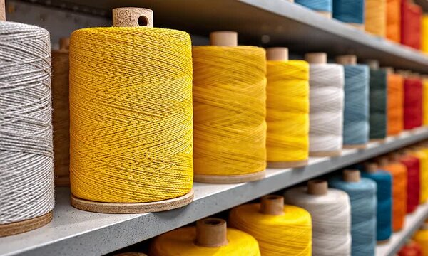 Colorful spools of thread on metal shelves