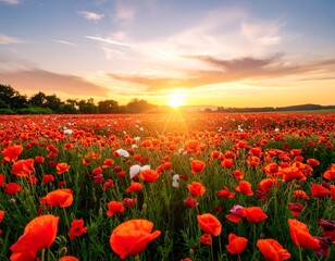 Fototapeta premium Vibrant sunset over a vast poppy field (1)