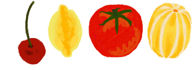 Hand-drawn fruit sticker set PNG, cherry, lemon, tomato, Korean melon illustration with crayon texture, cozy doodle style.