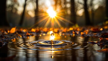 Water Droplet Hitting a Puddle in a Forest during Sunset, Creating Ripples and a Splash, with Sun Rays and Autumn Leaves in the Background, Evoking a Sense of Peace and Nature's Beauty