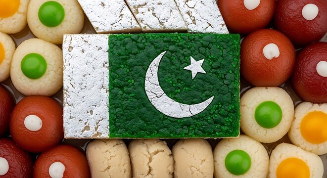 A vibrant display of pakistani sweets arranged around a flag made of mithai, showcasing the rich culinary traditions and cultural pride of pakistan