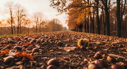 Autumn Chestnut on Path with Fallen Leaves and Trees