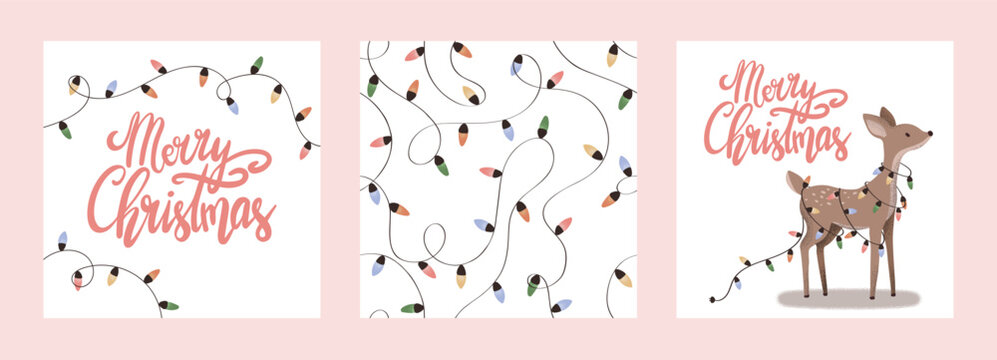 Set of christmas cards with fairy lights, handwritten merry christmas text and cute reindeer in cozy holiday style