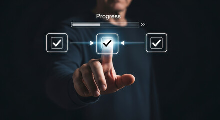 Man's finger tapping a glowing checkmark icon with a progress bar and check boxes, representing project completion and task management