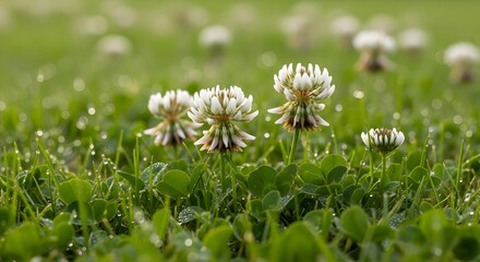 White Clover Flowers in Dew Covered Grass
