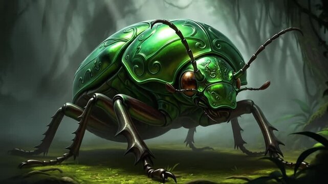 Giant Jewel Beetle in Enchanted Forest: Fantasy Insect and Jungle Environment Illustration