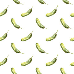 Pickled cucumber seamless pattern. Watercolor hand drawn food illustration on white background. Savory appetizer of Russian cuisine. Simple design for wrapping paper, packaging, cookbook, menu.