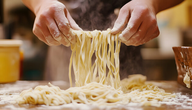 Masterful hands skillfully pull and shape fresh, homemade strands of dough, showcasing the traditional art of noodle making amidst rustic kitchen elements