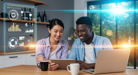 Two happy young professionals, an Asian woman and an African American man, smiling while working with a tablet and laptop, surrounded by glowing data interfaces in a modern home office
