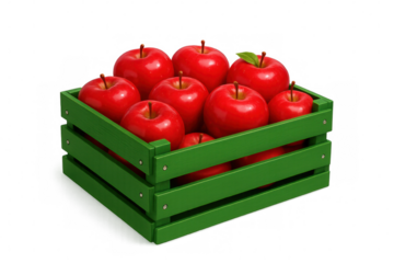 Ripe red apples with green leaves nestled inside rustic wooden crate, showcasing fresh harvest against transparent backdrop