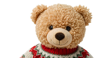 Cute teddy bear wearing a festive holiday sweater on isolated background