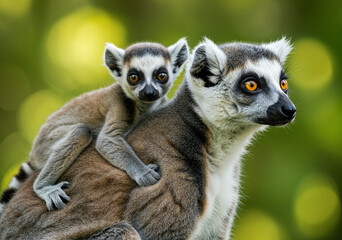 Obraz premium Ring-tailed lemur with baby, tender family scene in Madagascar's wilderness
