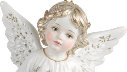 Exquisite porcelain angel figurine with golden hair and detailed wings