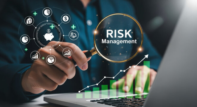 Man wearing a suit using a magnifying glass to view "RISK Management" text, with glowing financial charts and pie graphs, on a laptop, illustrating financial analysis