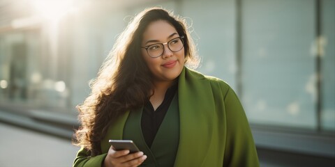 Young hispanic female with smartphone in green coat smiling outdoors
