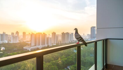 A pigeon perched on a balcony railing overlooking a city at sunset © Muhamad