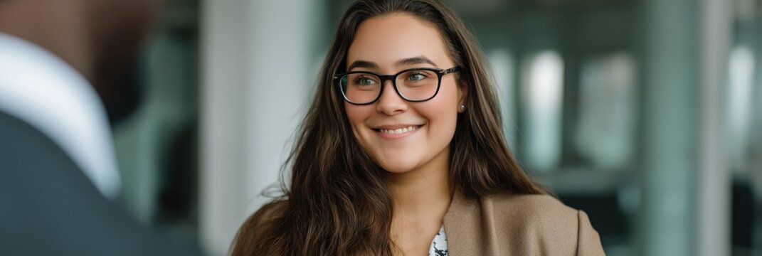 Young caucasian female professional smiling in office setting