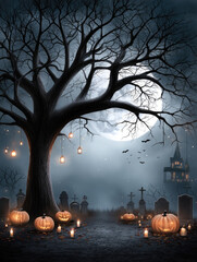Spooky halloween celebration graveyard digital art eerie night atmospheric haunting imagery