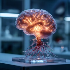 Glowing Brain Model on Lab Table Illustrating Neural Activity