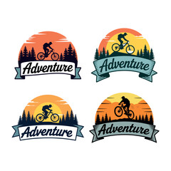 Four vintage style mountain biking adventure emblems with sunset logo