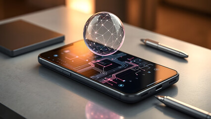 A smartphone with a holographic data sphere hovering above it represents advanced connectivity and future technology.