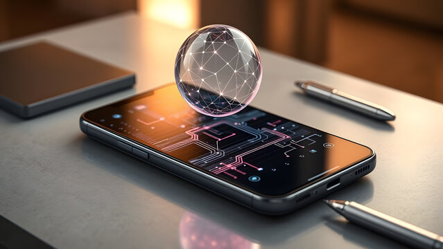 A smartphone with a holographic data sphere hovering above it represents advanced connectivity and future technology.