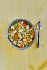 smoked turkey and wild rice soup with carrot, celery, and onion