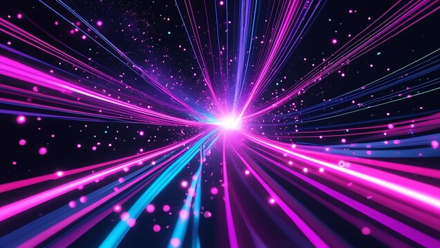 Abstract glowing neon light trails in a futuristic digital tunnel