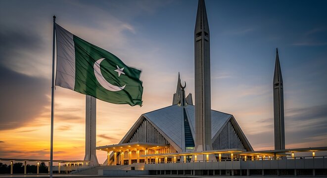 Fototapeta The faisal mosque in islamabad, pakistan, stands tall with the pakistani flag waving in the foreground at sunset