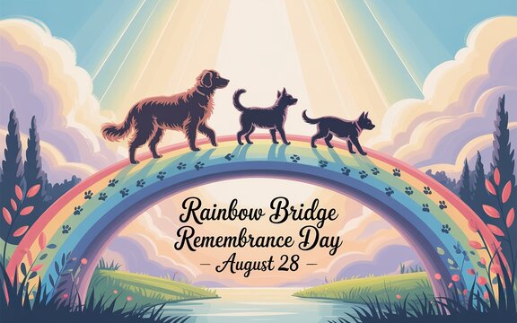 Rainbow Bridge Remembrance Day pet loss memorial illustration.

