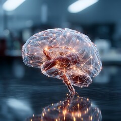 Glowing Brain Model on Lab Table Illustrating Neural Activity