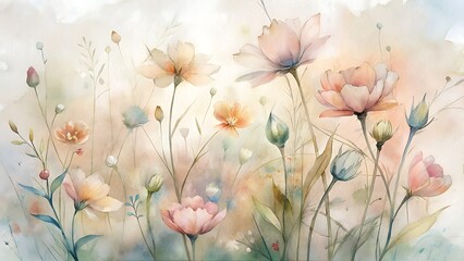 Delicate watercolor floral painting with soft pastel colors and gentle brushstrokes evoking a dreamy meadow scene