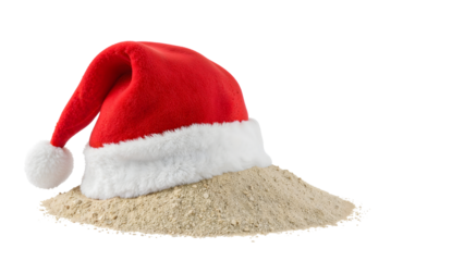 Santa hat on sand: festive christmas theme with a summer twist