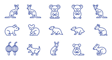 Australian marsupials and native animals icons kangaroo koala