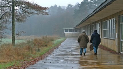 Two people walk a path on a foggy day