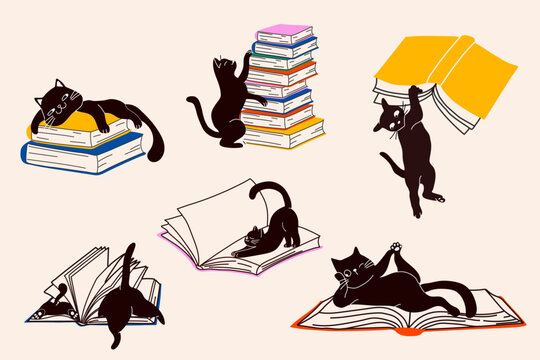 Collection of Cats and Books in Fun Poses
