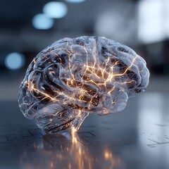 Glowing Brain Model on Lab Table Illustrating Neural Activity