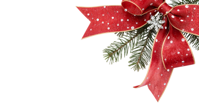 Festive red ribbon with snowflakes on evergreen branches  perfect christmas decoration
