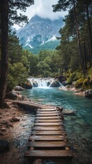 Mountain stream with wooden bridge