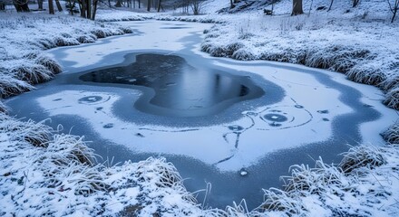 Frozen Pond in Winter Landscape with Snow and Ice