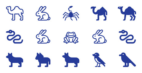 Blue animal icons featuring camels rabbits snakes scorpions frogs and birds vector